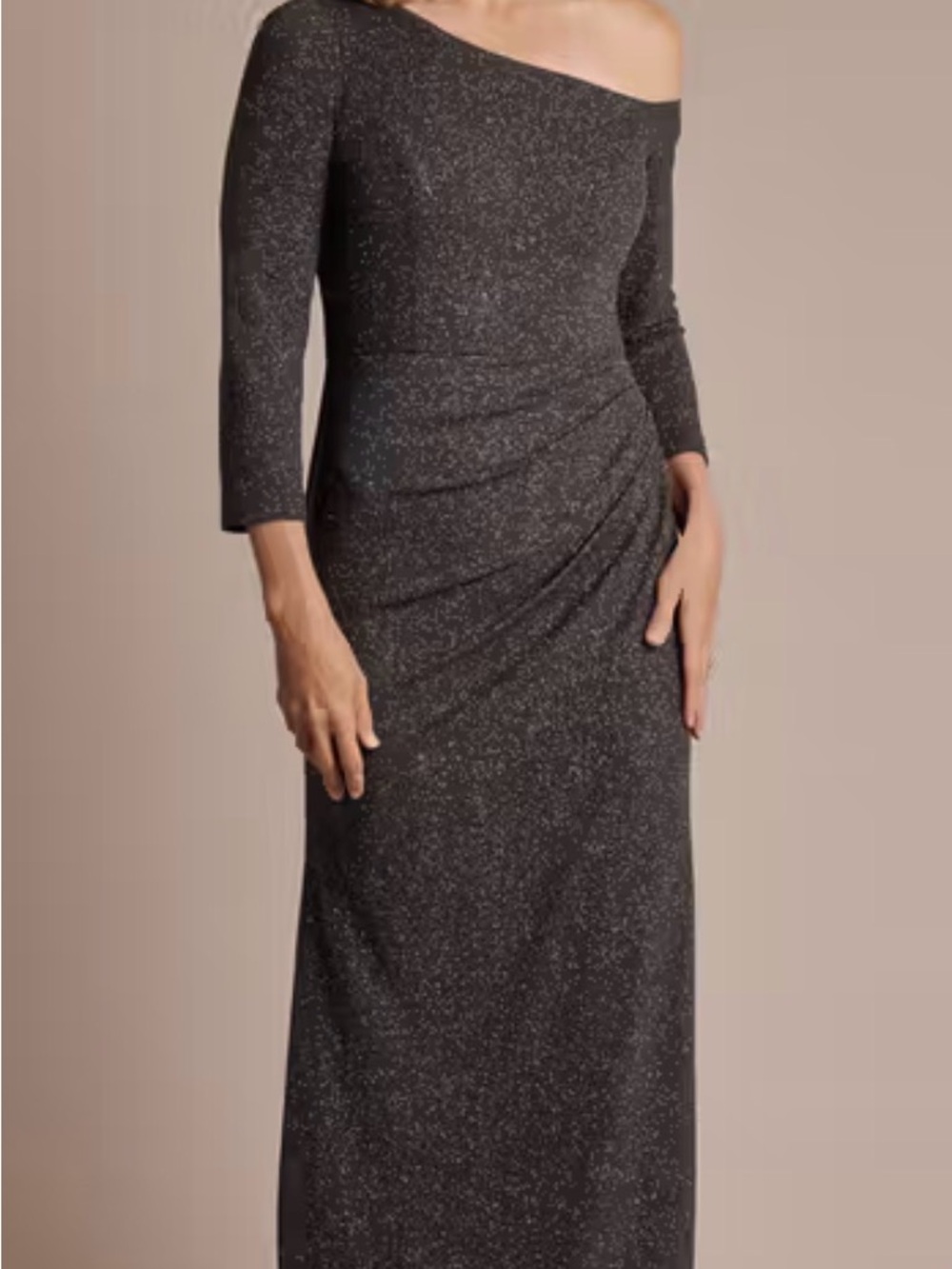OLEG CASSINI ONE-SHOULDER GLITTER KNIT SHEATH DRESS GRAPHITE Sz 8